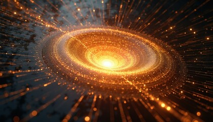 Fototapeta premium Abstract vortex of glowing orange particles swirls inward. Energetic light streams emanate from a central bright core. Cosmic swirl forms energy tunnel or portal.
