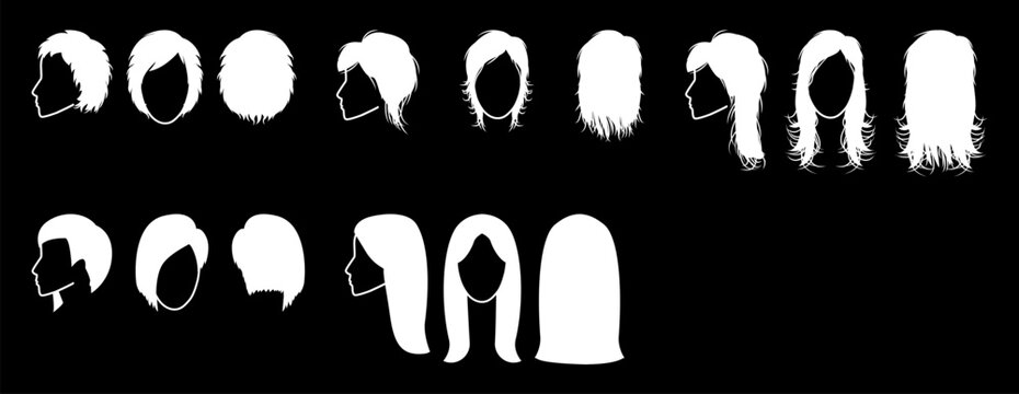 Modern haircut silhouettes set including wolf cut, mullet, shag, asymmetric and curtain bangs styles, front side and back views, white shapes on black background for icons and UI
