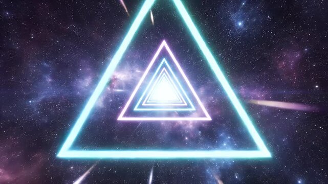 A series of concentric triangles glow brightly against a vibrant, swirling cosmic background.