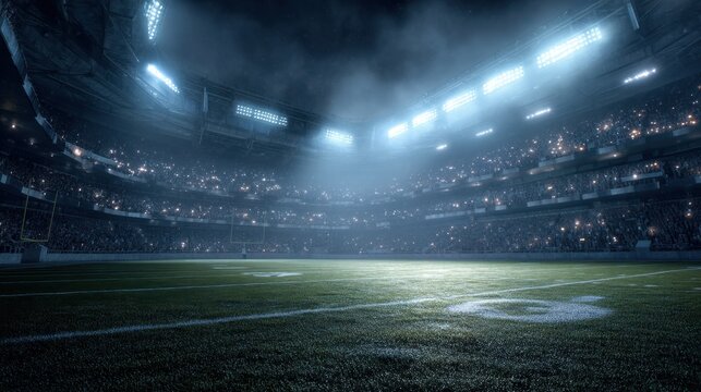 A dramatic view of an American football stadium at night with bright lights and camera flashes illuminating the field and creating a high-energy, cinematic ambiance.