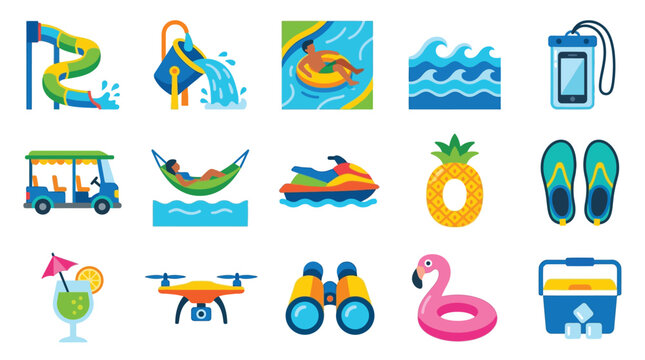 Collection of summer vacation and water park icons representing leisure activities and travel.