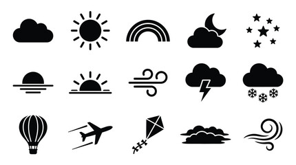 Naklejka premium Collection of weather icons and symbols representing different atmospheric conditions and elements.