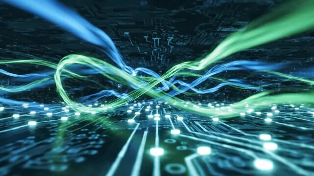Abstract blue green light trails intertwine dark background