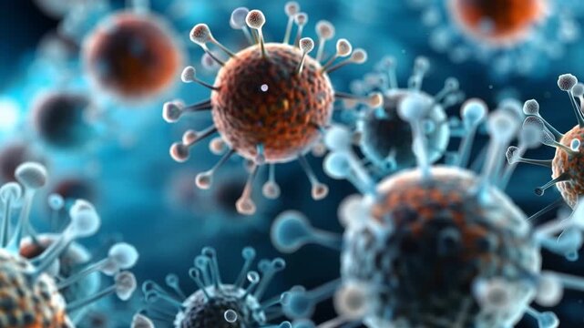Detailed look at various virus structures under a microscope. The video shows different types and features of viruses in a scientific setting.