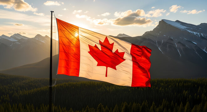 Canadian flag waving over mountain and forest landscape