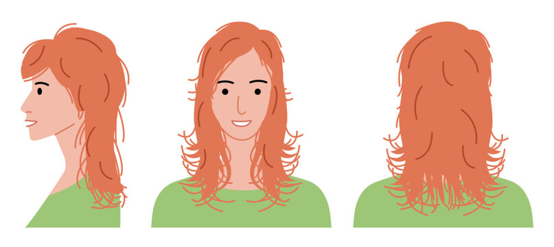 Wolf cut hairstyle flat vector front back profile views, layered hair shape messy texture composition for avatar, beauty app, interface, fashion illustration