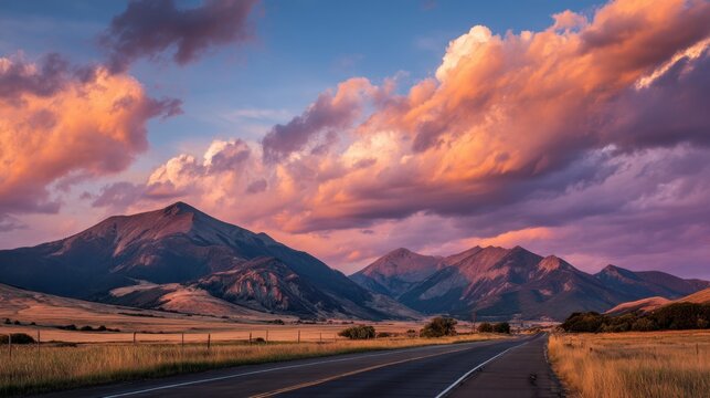 An asphalt road stretches toward mountains beneath a colorful sunset sky with clouds, glowing in warm tones.