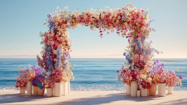 Elegant floral wedding arch with vases set before the ocean and blue sky, romantic and cinematic with fine natural detail.