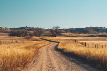 Fototapeta premium A quiet country road stretches through open land under a calm sky, with natural textures and peaceful rural charm.