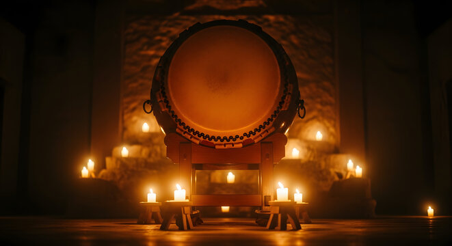Traditional taiko drum with candles in a temple