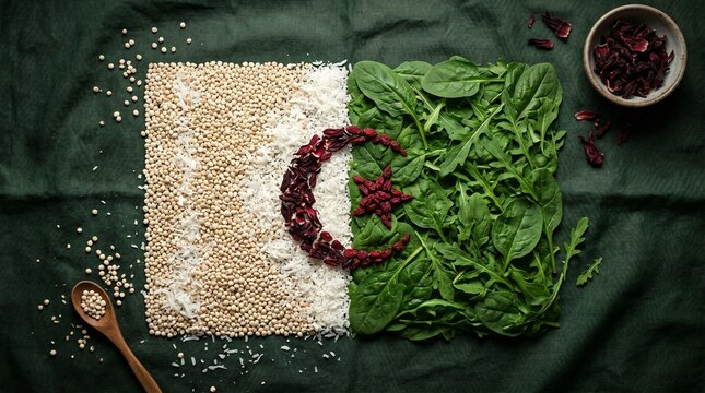 A flat lay of sesame seeds, dried cranberries and fresh spinach leaves on a green cloth