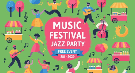 Naklejka premium Vibrant Music Festival Jazz Party Event Poster with Dancing People and Food Stalls