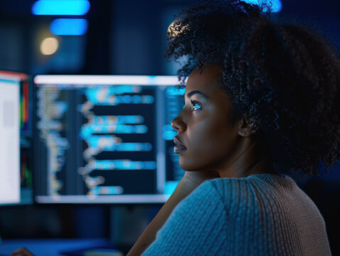 Focused woman programmer coding at computer in dark office environment