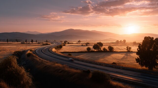 Rural highway stretching through fields under a vibrant sunrise with warm light and detailed road textures.