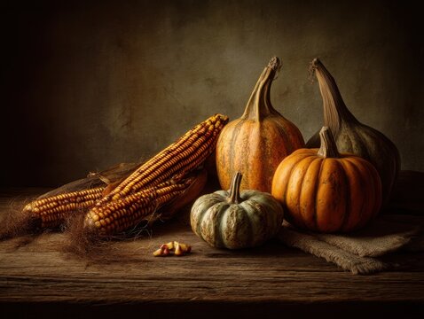 Rustic fall still life with pumpkins and corn, warm lighting, and rich autumn textures.