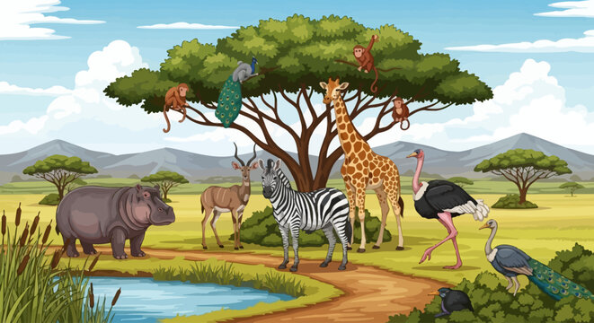 Wildlife animals, safari scene, cartoon illustration, colorful vector, zoo creatures