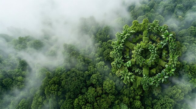 An aerial view of a wreath made out of green plants.