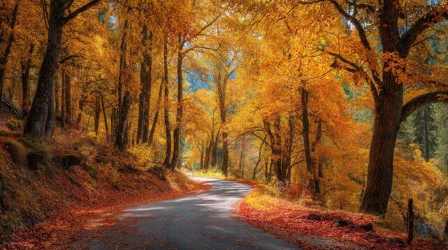 Winding forest road surrounded by yellow trees and covered with dry red leaves, bathed in warm autumn sunlight.