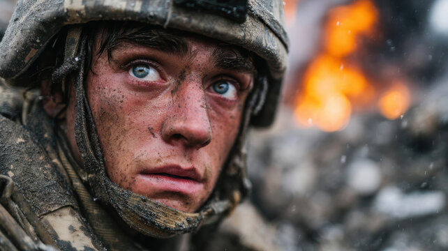 Terrified soldier in combat, post-traumatic stress disorder concept