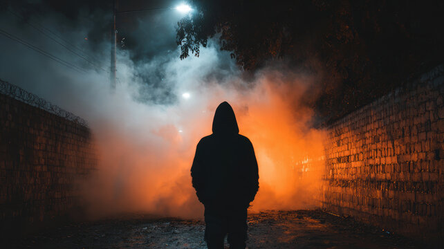 Sketchy guy, a robber or drug dealer, in the night foggy street