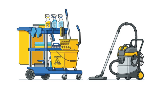 Illustration of a cleaning cart with various supplies and a vacuum cleaner on a plain white background, showcasing household cleaning equipment.