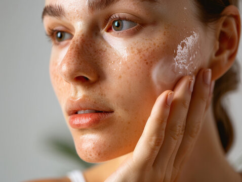 Close-up of young woman applying moisturizer on freckled skin