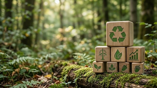 A stack of wooden blocks sitting on top of a moss covered log.