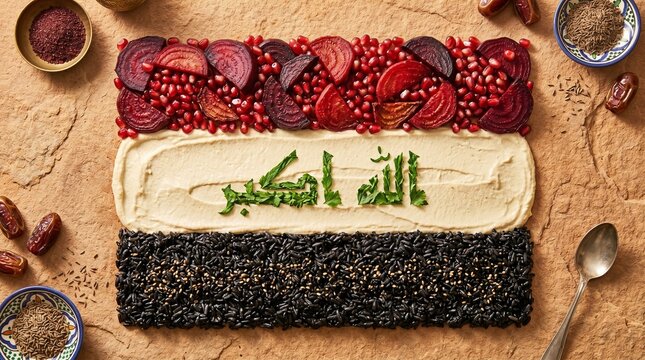 A Middle Eastern flag design creatively made from food and seeds on a rustic background