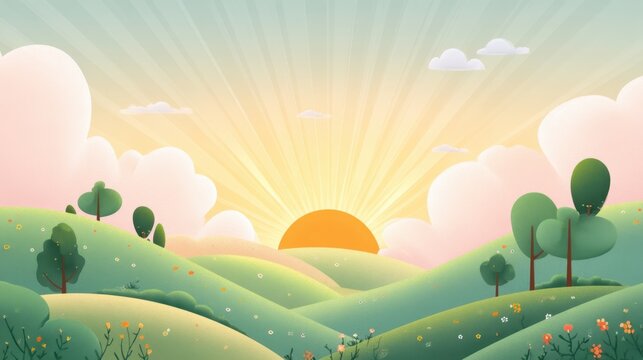 A cheerful cartoon landscape of the sun rising over green hills with trees, flowers, and a pastel sky, creating a bright and friendly morning scene.