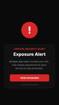 Red circle with exclamation mark warns of security breach. Black background shows urgent alert message. Text urges user to check exposed data and change passwords