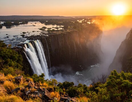 Majestic cascade plunges into a gorge, mist rising as the sun sets, creating a warm, golden glow