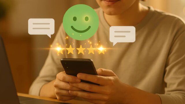 Digital Feedback: An individual intently uses a smartphone to engage with digital feedback elements such as a smiley face, star ratings, and chat bubbles.