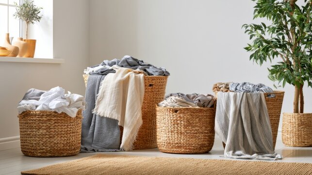 Clothes in woven baskets near window. Sunlit room with neatly arranged clothing in woven containers. Charming domestic scene featuring sunlit laundry baskets filled with garments near window
