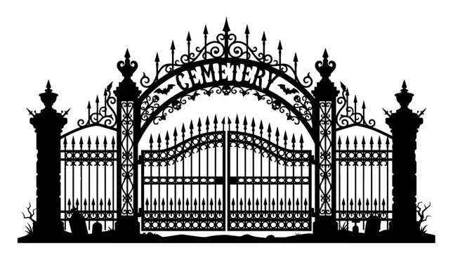 Ornate Black Cemetery Gate Entrance Halloween Illustration
