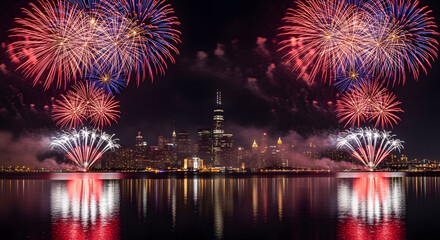Obraz premium Fireworks exploding over city skyline with water reflection