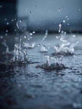 Raindrops splash and ripple on a surface in cool blue hues, capturing the essence of a moody rainy season in sharp, photorealistic detail.