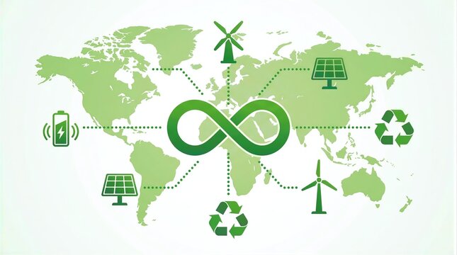 A map of the world with a green infinity symbol in the middle of it.