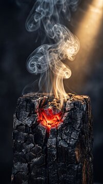 Charred oak wood with glowing ember and smoke