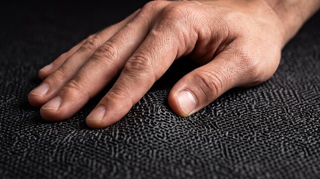 Macro hand grip on black rubberized yoga mat