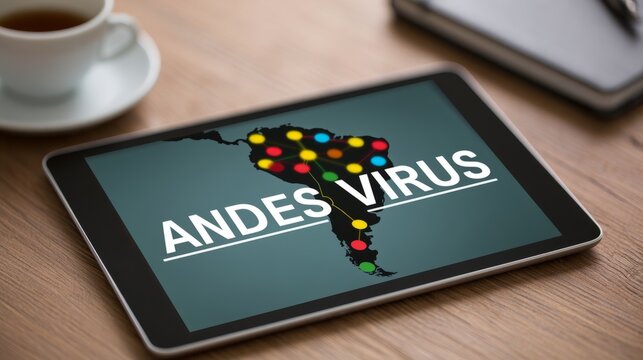 South America Andes Virus outbreak map on tablet with colored route dots