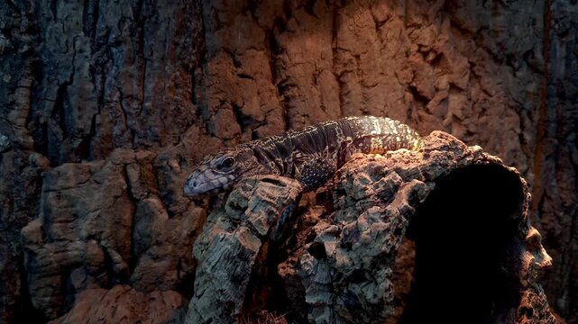 Tegu lizards on the trunk being warmed by the lamp.