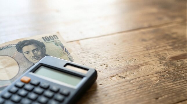 A calculator sitting on top of a wooden table next to a 10 dollar bill.