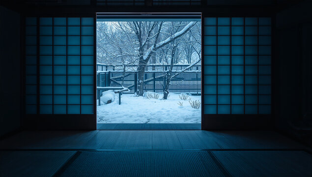 冬の和室で開いた障子から雪景色の光が畳に広がっている