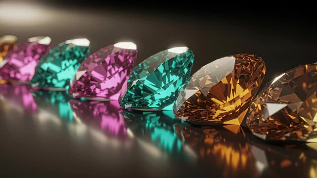 Dazzling Gems: A row of dazzling, multicolored gemstones sparkle brilliantly against a sleek, reflective surface, captivating the viewer with their vibrant hues and exquisite facets.