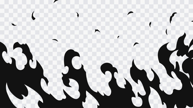 Abstract manga flame effect with flowing black fire shapes isolated on transparent background. Dynamic anime style fire waves and smoke elements for action scenes, comic effects, battle visuals.