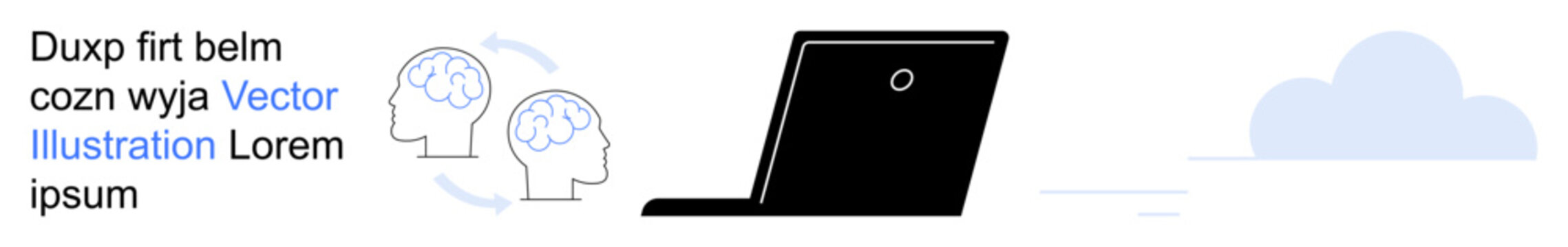 Teamwork, brainstorming, digital creativity, online education, cognitive processes, idea exchange. Two brain diagrams linked by arrows and a laptop in a minimalist design. Brainstorming and teamwork