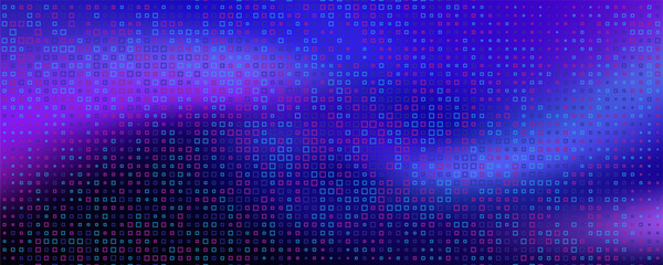 Purple abstract pixel texture bg video screen. Tv pattern background with square noise effect. Futuristic broadcast neon gradient banner for television. Modern vhs led static display element © sholeh
