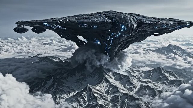 Massive alien mothership hovering over snowy mountains and clouds. Cinematic sci-fi invasion concept. Perfect for visuals of advanced technology, future warfare, or unexplained aerial phenomena