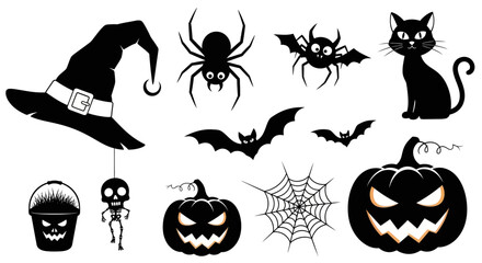 Fototapeta premium Halloween icons, black silhouettes, spooky symbols, 10 vector graphics