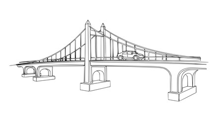 Suspension bridge with car crossing, hand-drawn sketch, architectural design, urban infrastructure © Wesi